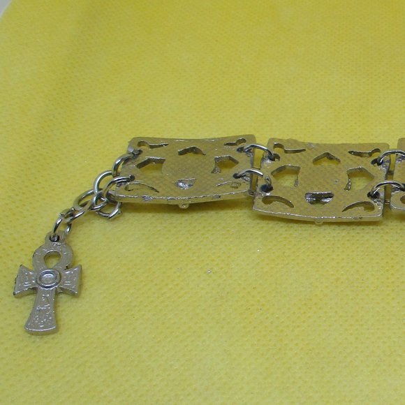 EGYPTIAN Revival SCARAB ANKH Turquoise STONE Silver Tone Metal Panel Bracelet - Picture 11 of 13